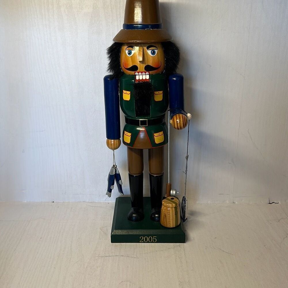 2005 Nutcracker Wooden Fisherman Fishing Pole and Fish 14”